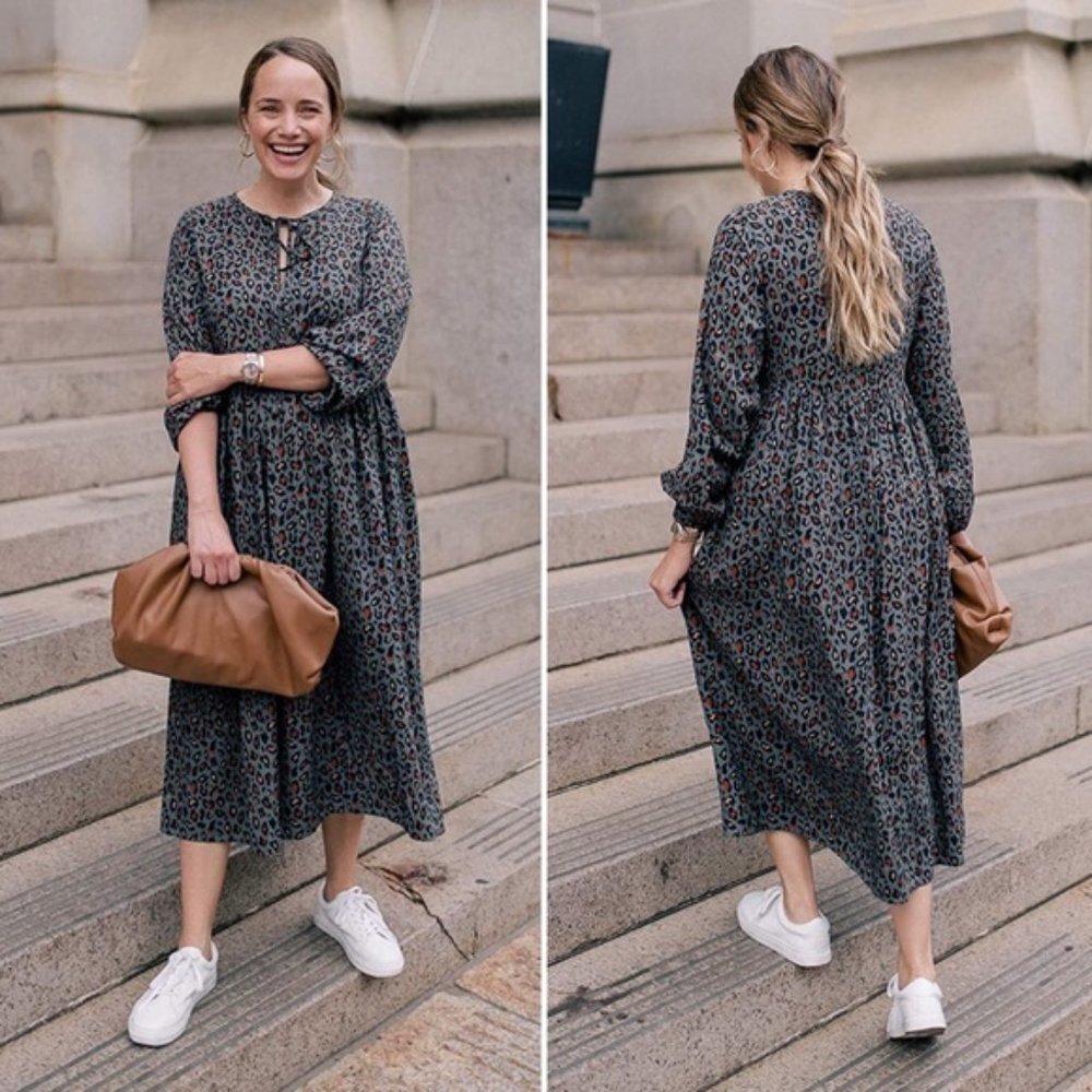 NEW Grace Atwood The Drop Loose Fit Grey Animal Print Mid-Calf Dress P1964